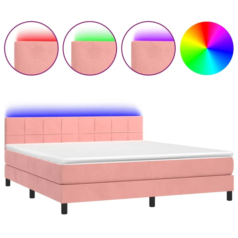 Cama box spring colchón y LED terciopelo rosa 180x200 cm Bloques con cuadros - Descanso