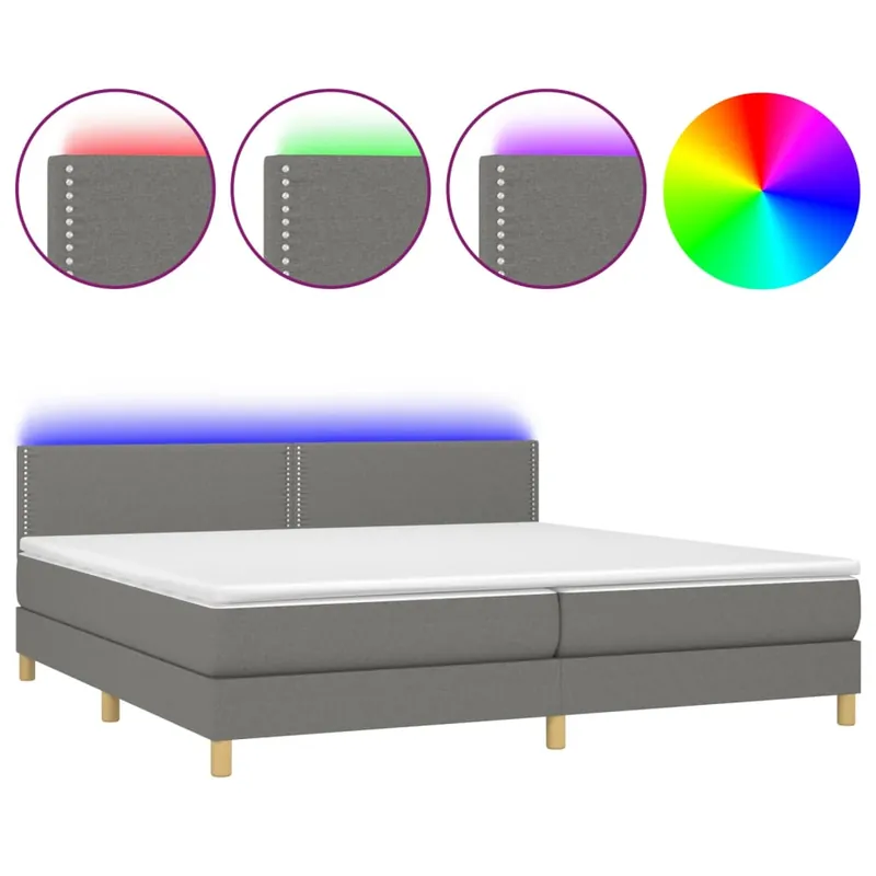 Cama box spring con colchón y LED tela gris oscuro 200x200 cm Liso con clavos - Descanso