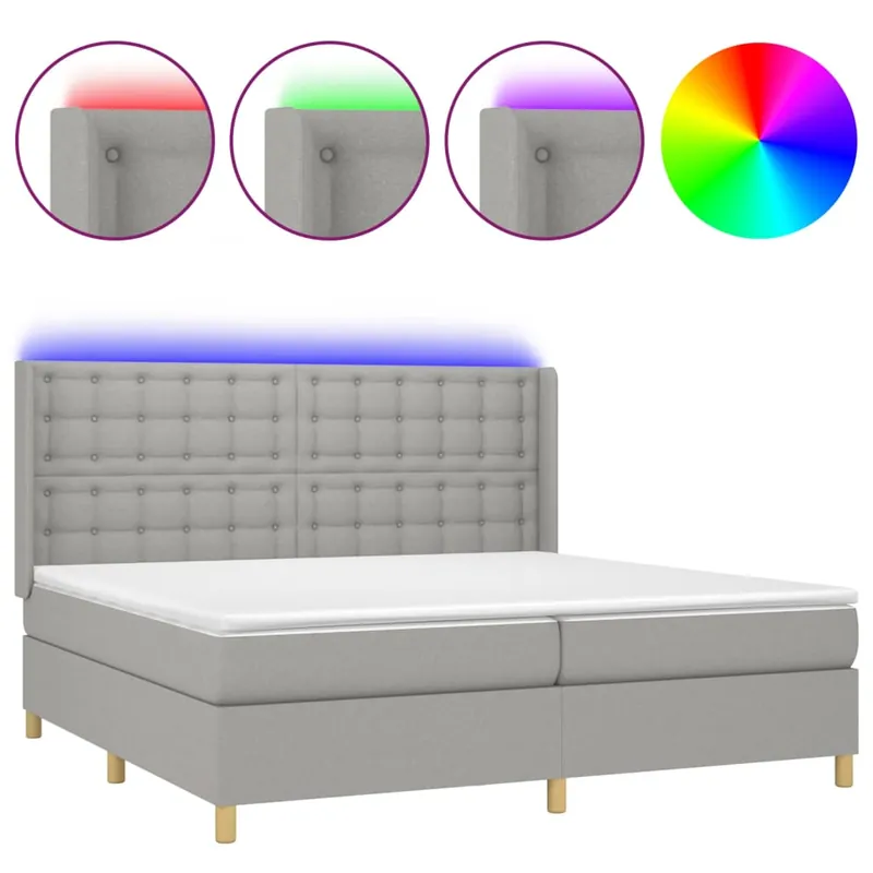 Cama box spring con colchón tela y LED gris claro 200x200 cm Botones - Descanso