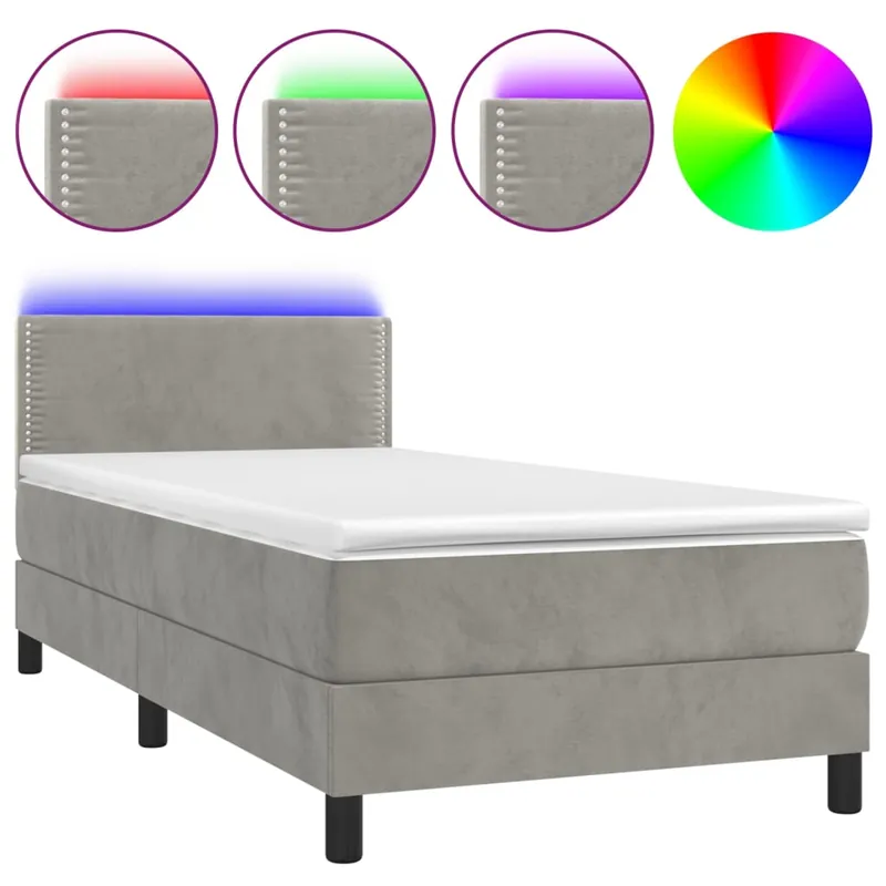Cama box spring colchón y LED terciopelo gris claro 90x190 cm Liso con clavos - Descanso