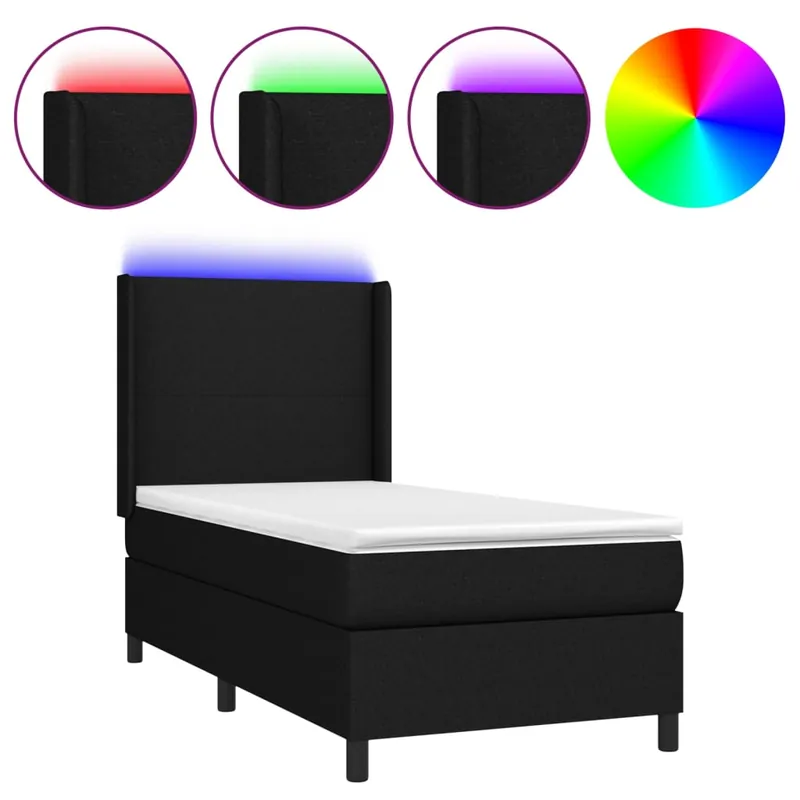 Cama box spring colchón y luces LED tela negro 90x190 cm Diseño plano - Descanso