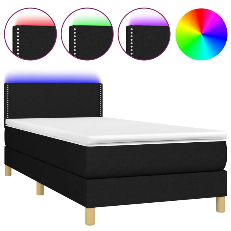 Cama box spring con colchón y LED tela negro 90x190 cm Liso con clavos - Descanso