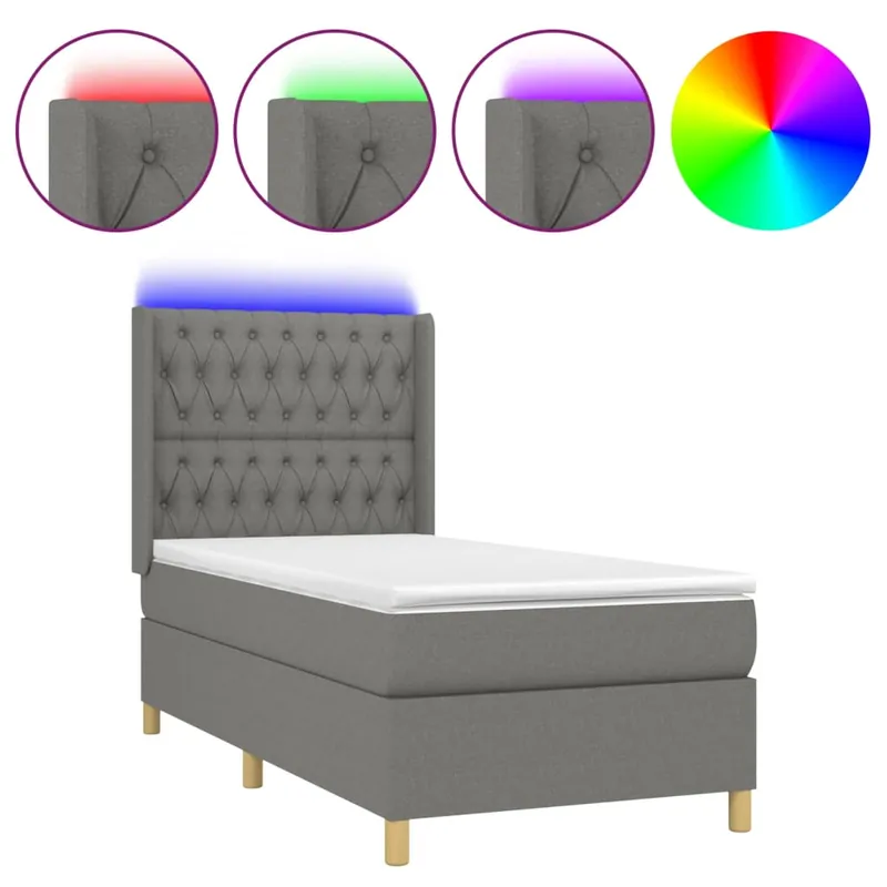 Cama box spring colchón y luces LED tela gris claro 90x190 cm Diseño de botones - Descanso