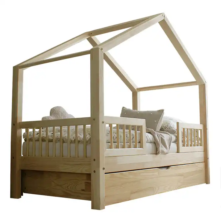 Cama 90x190 con barandilla somier y cajón Iris Madera - Descanso