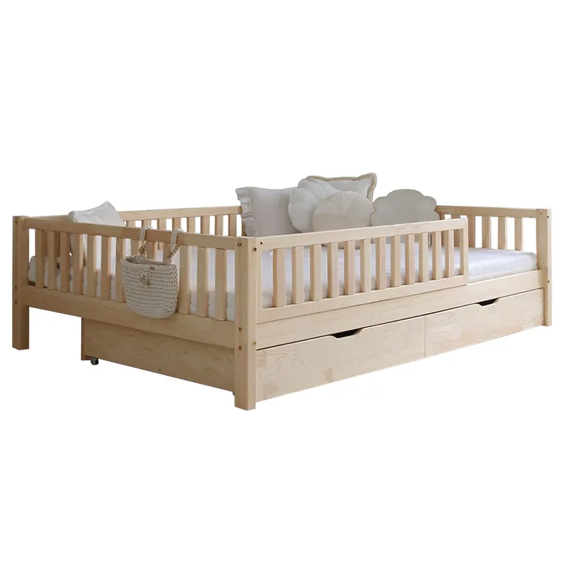 Cama 140x200 con barandilla somier y cajones Agnès Madera - Descanso