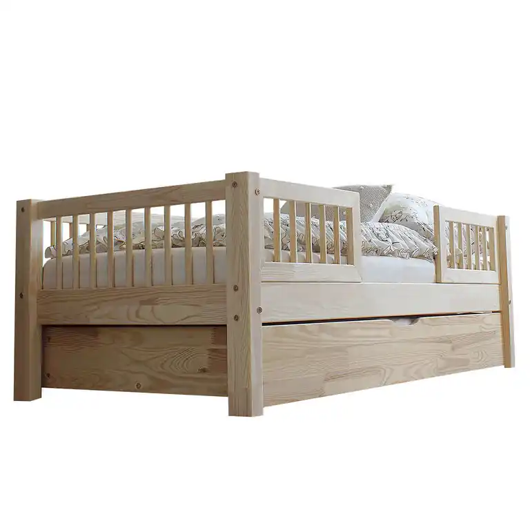 Cama 90x190 con barandillas somier y cajón Adèle Madera - Descanso
