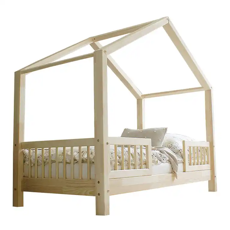 Cama 90x190 con barandilla y somier patas de 10 cm Iris Madera - Descanso