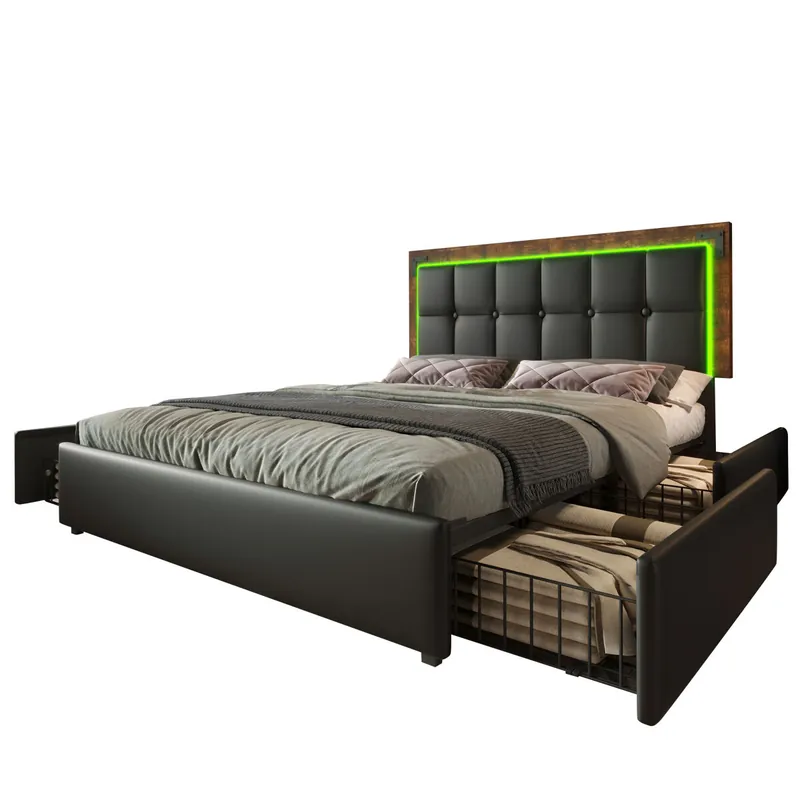 Cama de matrimonio de poliuretano 140x200cm con 4 cajónes,luz led,negro - Descanso