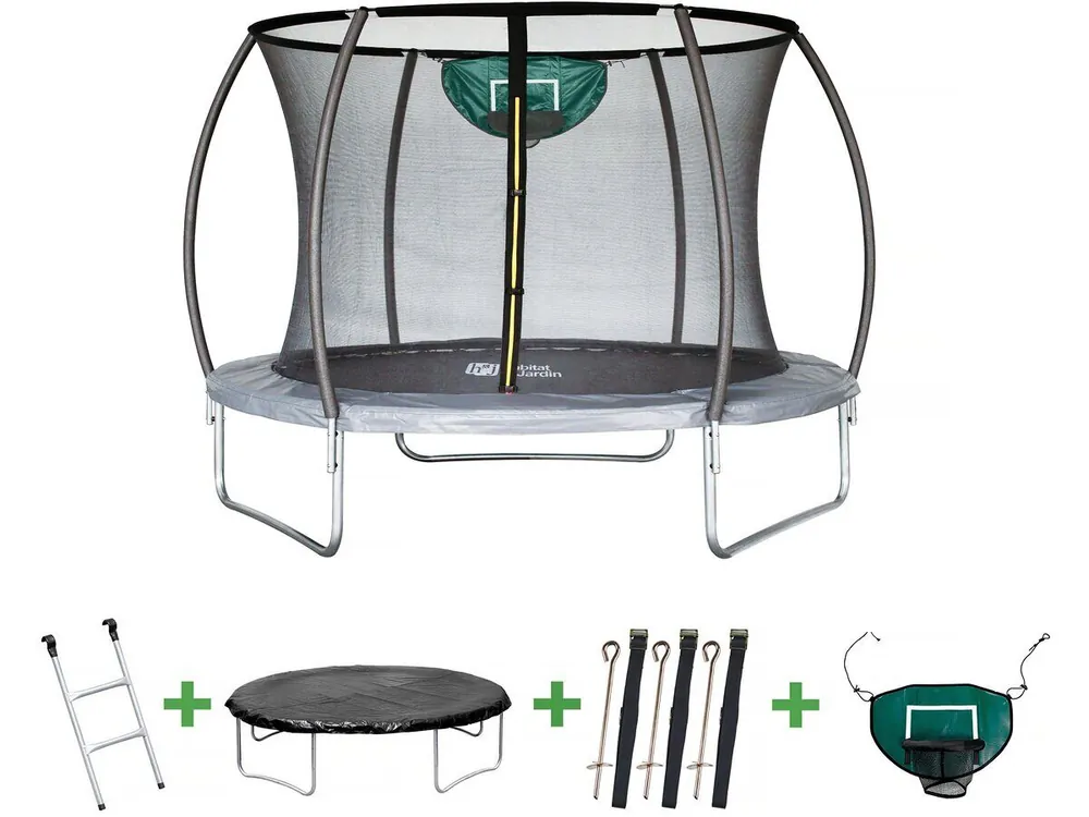 Cama elástica con red interior "Jumper" Ø3,70 m - Gris - Con burbuja de lluvia, escalera, funda y kit de anclaje - Canasta de baloncesto