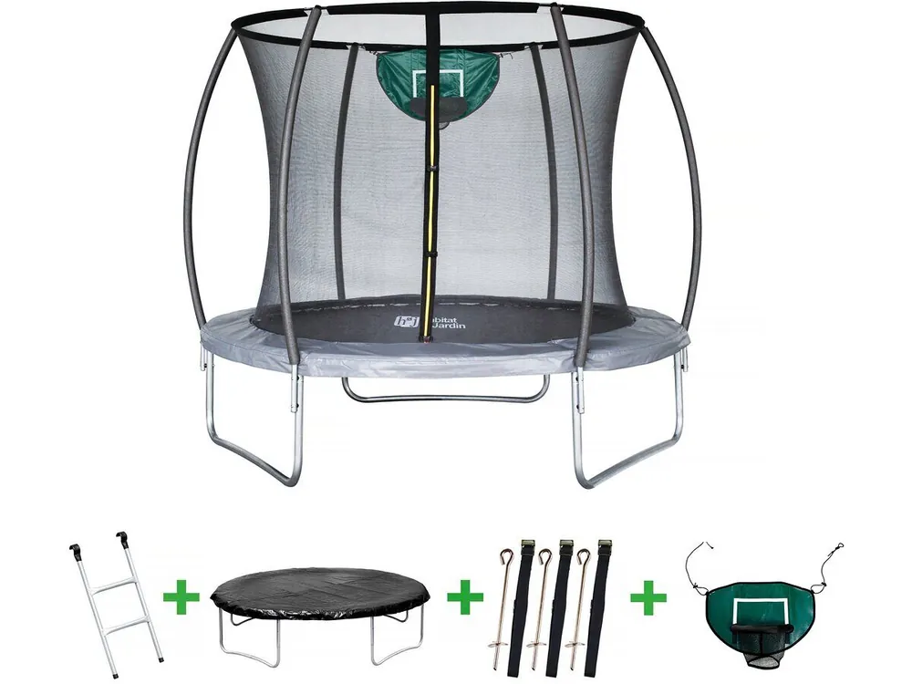 Cama elástica con red interior "Jumper" Ø2,44 m - Gris - Con burbuja de lluvia, escalera, funda y kit de anclaje