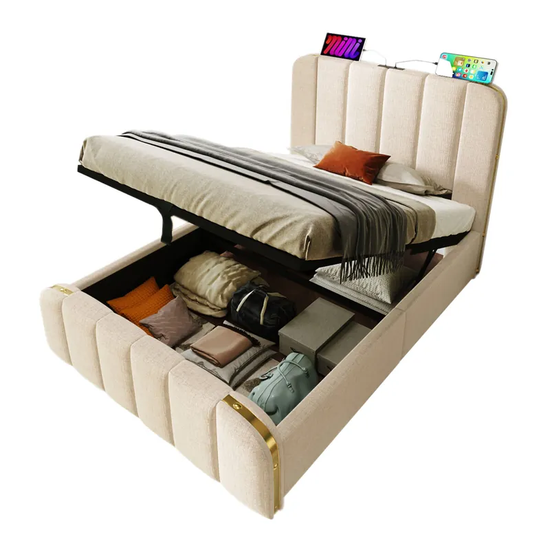 Cama individual de lino 90x200cm con almacenaje,beige - Descanso