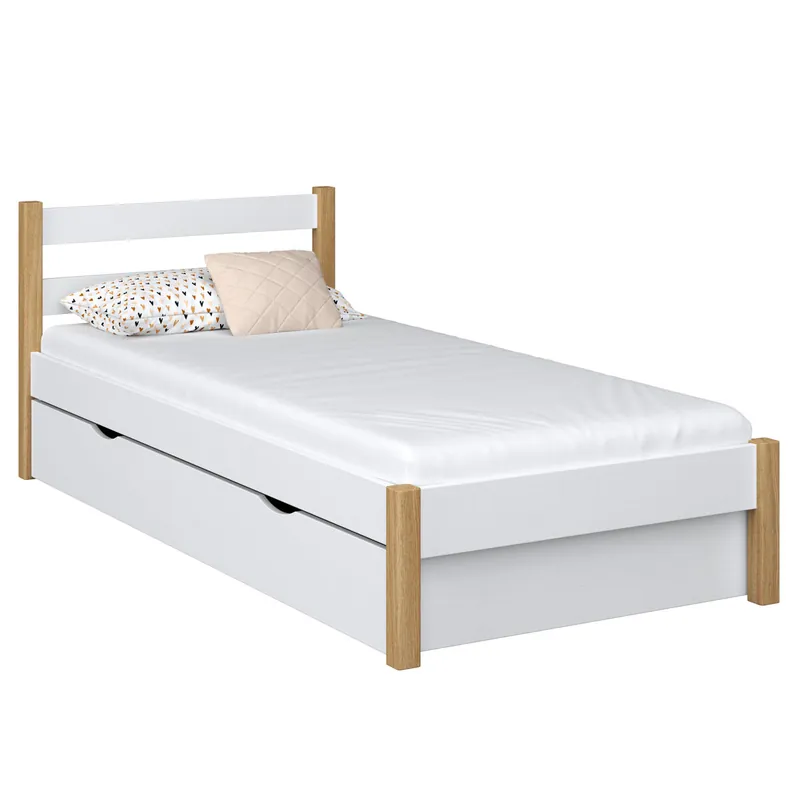 Cama individual de madera con cajón N01 blanco / roble - Descanso