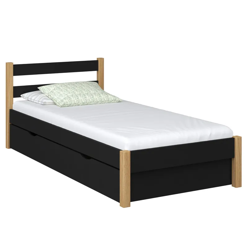Cama individual de madera con cajón N01 negro / roble - Descanso