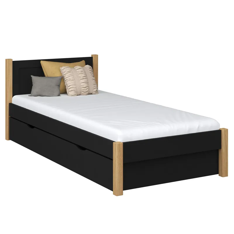 Cama individual de madera con cajón N02 negro / roble - Descanso