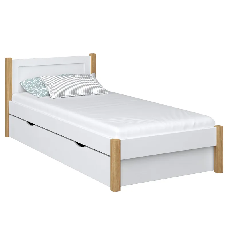 Cama individual de madera con cajón N02 blanco / roble - Descanso