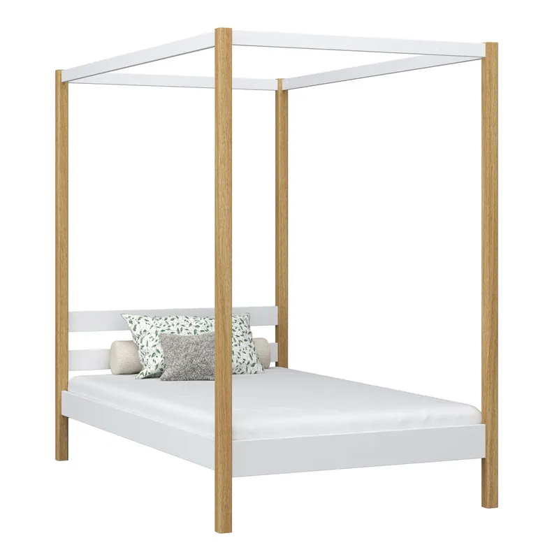 Cama individual de madera con dosel N01 blanco / roble - Descanso
