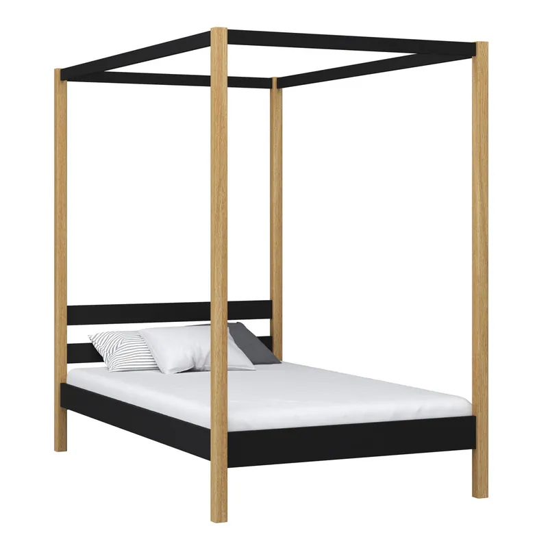 Cama individual de madera con dosel N01 negro / roble - Descanso