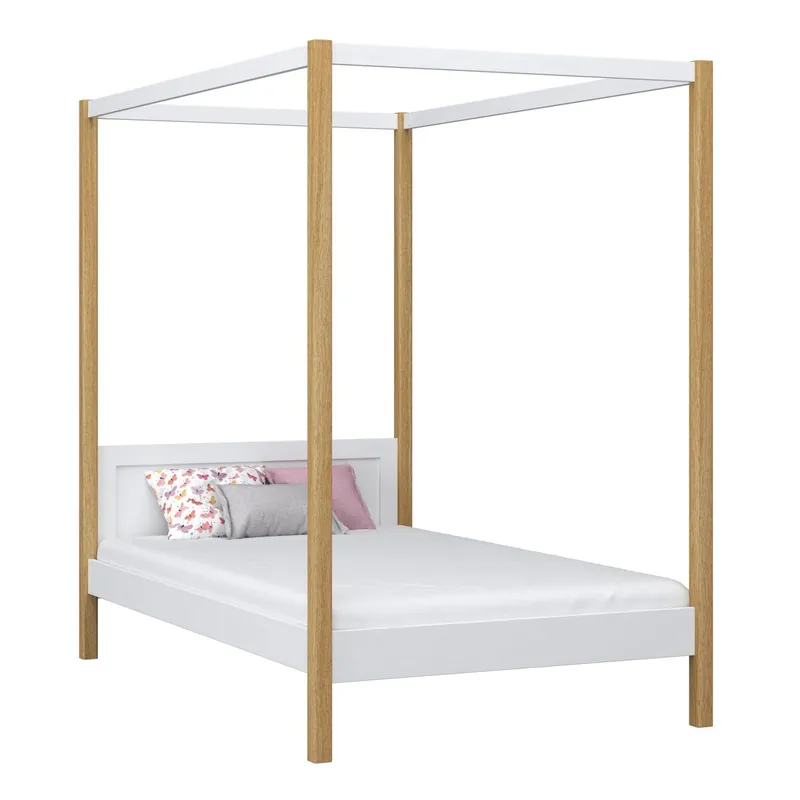 Cama individual de madera con dosel N02 blanco / roble - Descanso