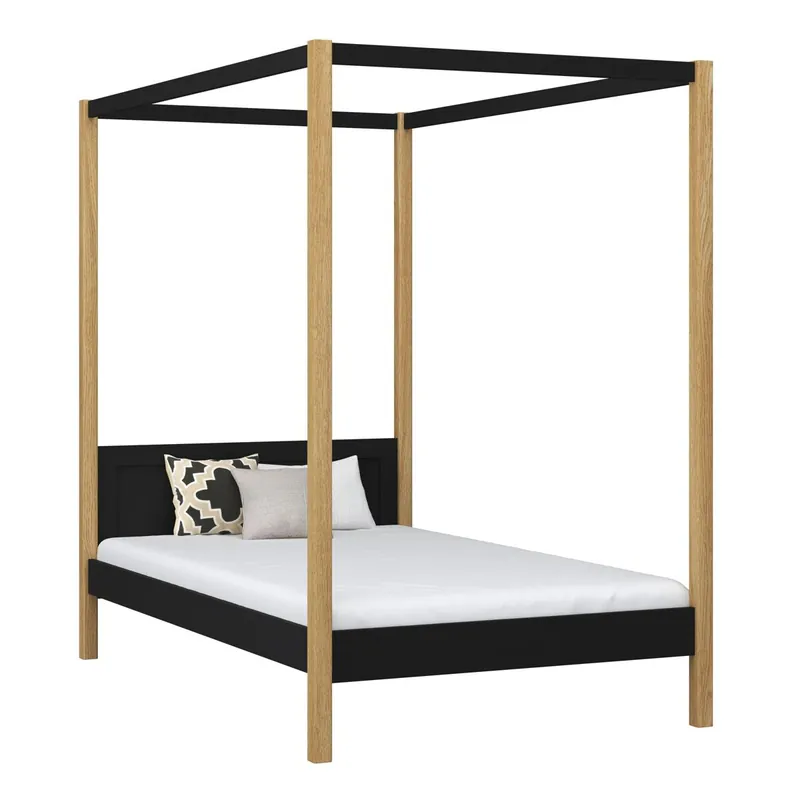 Cama individual de madera con dosel N02 negro / roble - Descanso