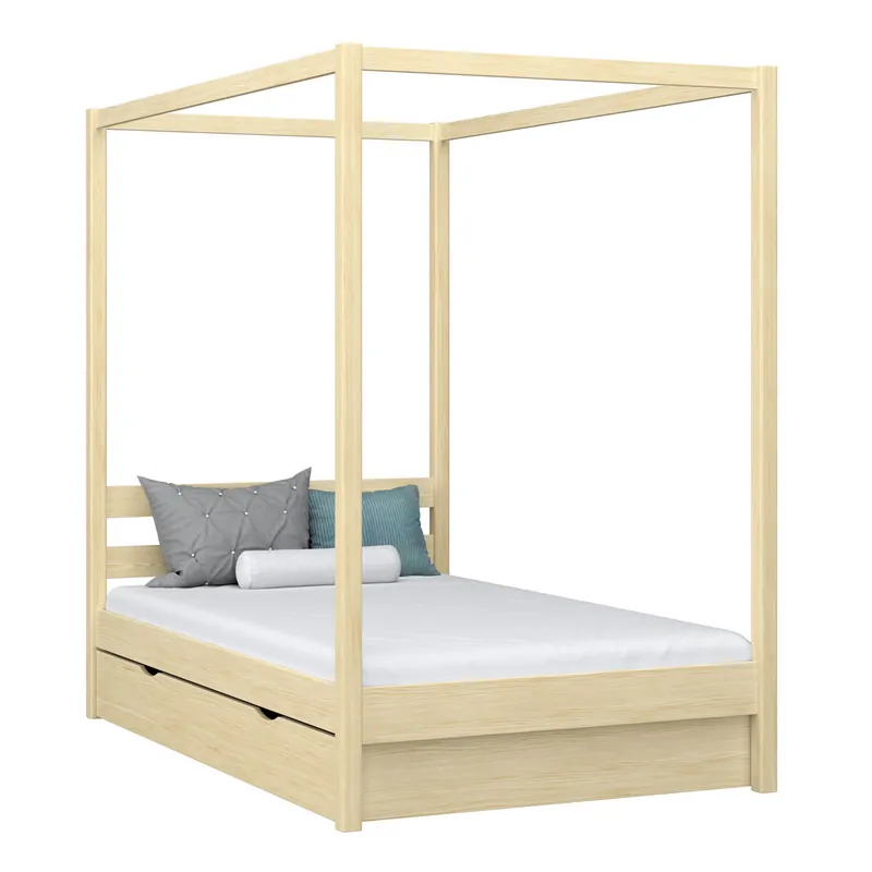 Cama individual de madera con dosel y cajón N01 pino incoloro - Descanso