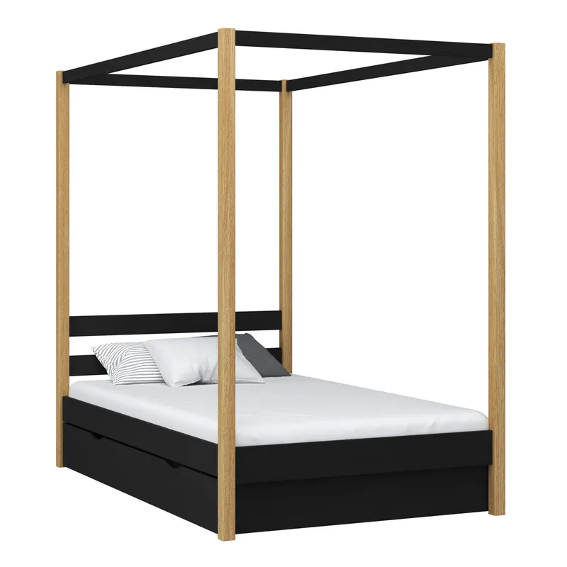 Cama individual de madera con dosel y cajón N01 negro / roble - Descanso