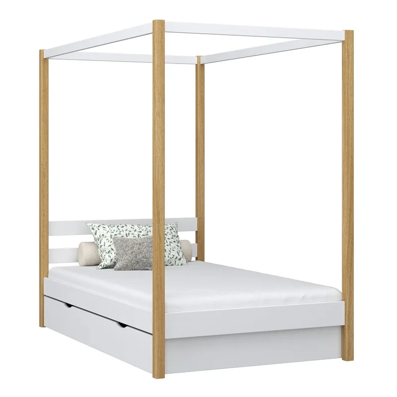 Cama individual de madera con dosel y cajón N01 blanco / roble - Descanso