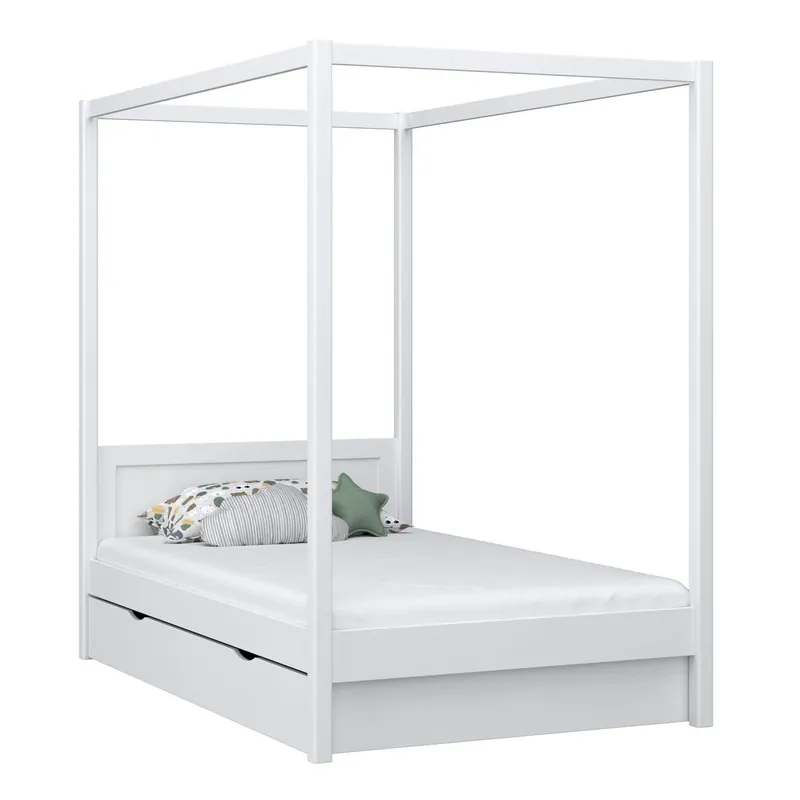 Cama individual de madera con dosel y cajón N02 blanco - Descanso