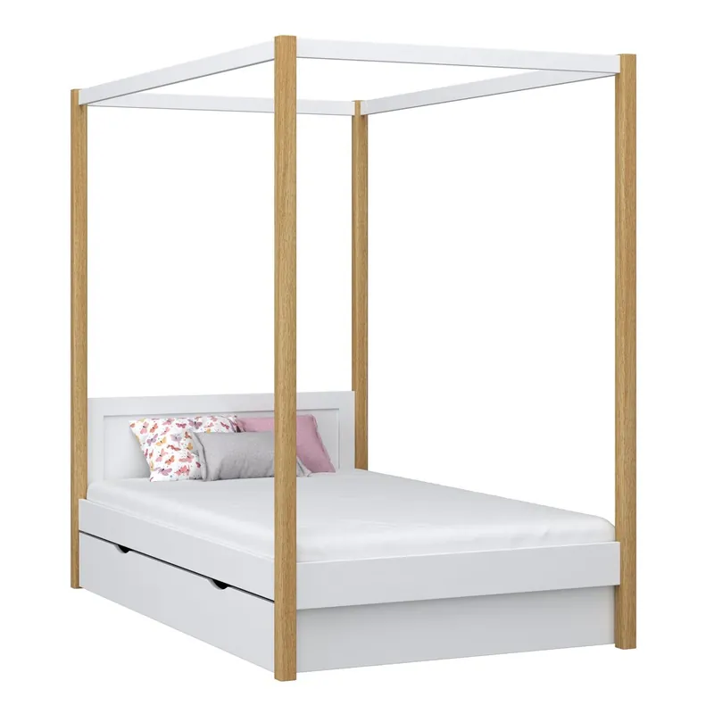 Cama individual de madera con dosel y cajón N02 blanco / roble - Descanso