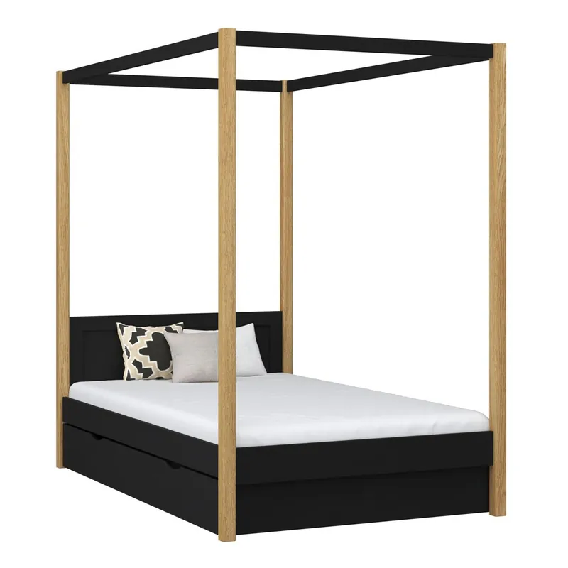 Cama individual de madera con dosel y cajón N02 negro / roble - Descanso