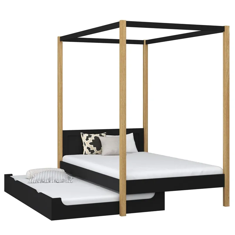 Cama individual de madera con dosel y cajón para colchón N02 negro / roble - Descanso