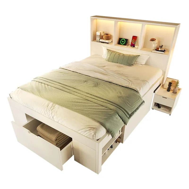 Cama individual de madera maciza 90x200 cm con luz led,blanco - Descanso