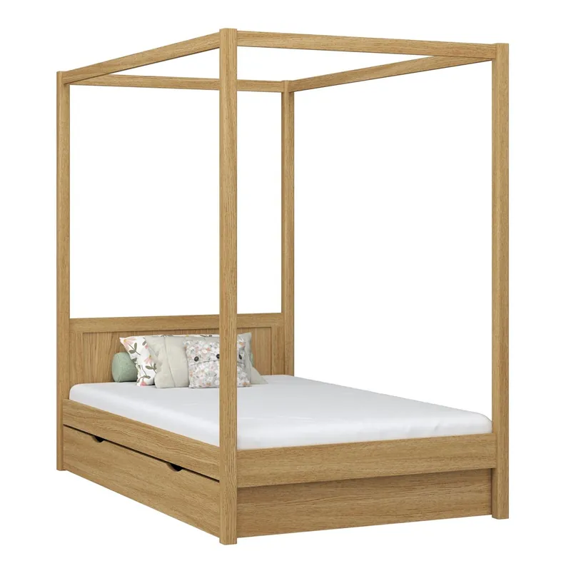 Cama individual de roble con dosel y cajón N02 roble natural - Descanso