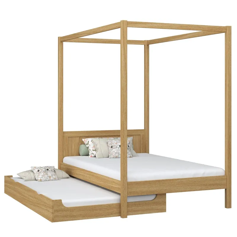 Cama individual de roble con dosel y cajón para colchón adicional N02 roble natural - Descanso