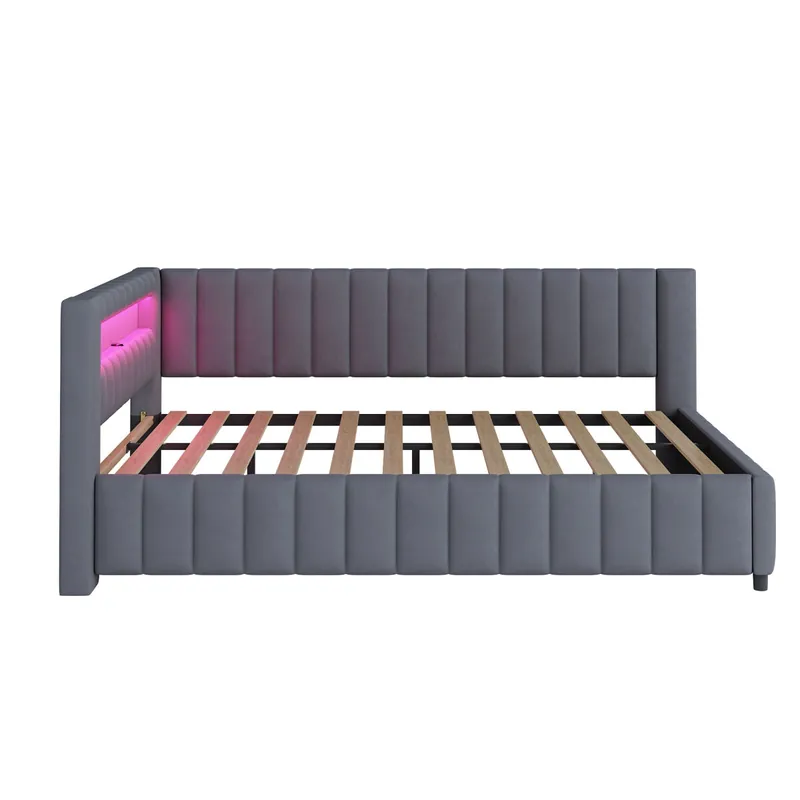 Sofá cama 140x200 - Polsterbett de terciopelo con luz LED y puerto USB, con respaldo, cabecero y marco de cama estable - Beige