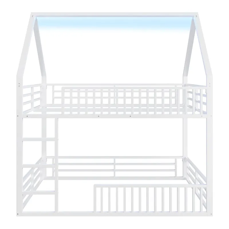 Cama alta 140x200 - estilo casa con barandilla y luz LED - Blanco