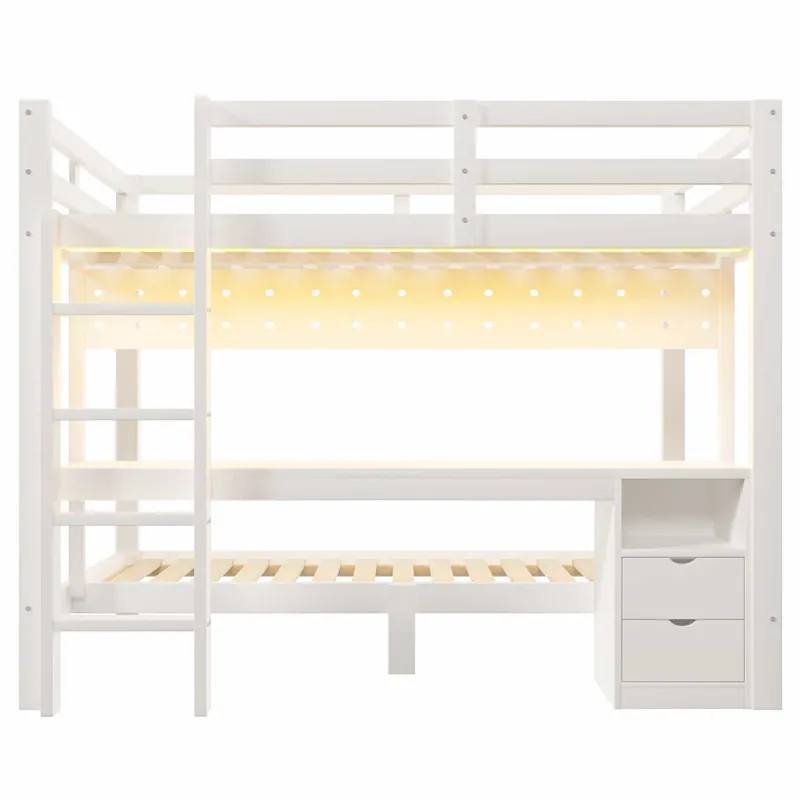 Cama alta 90x200 cm y 140x200 cm - Madera de pino, con cajones y escritorio, equipada con sistema de colgar con paneles perforados, incluye LED - Blanco