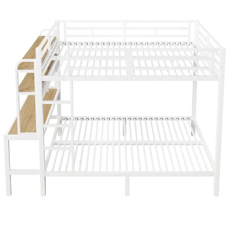 Cama alta 140x200 cm - Estructura metálica, escritorio, LED, USB, con barandilla, sin colchón - Blanco