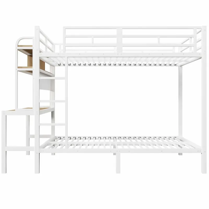 Cama alta 140x200 cm - Estructura metálica, escritorio, LED, USB, con barandilla, sin colchón - Blanco