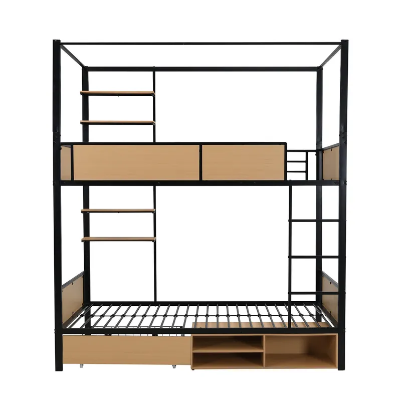Cama alta 90x200 - Cama de hierro + MDF, doble estante lateral, barandillas y escaleras resistentes, almacenamiento bajo la cama, cortina superior opcional - Negro+Natural