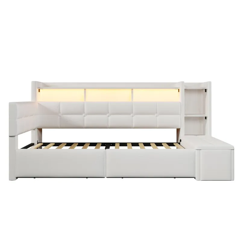 Sofá cama 90x190 cm - Con 2 cajones, puertos USB y tipo C, almacenamiento, LED, sin colchón - Blanco
