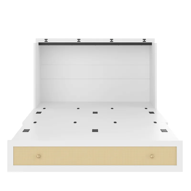 Cama abatible 140x200 cm - móvil, cajones al pie, estante en cabecera, USB y enchufe, cama plataforma convertible, sin colchón - blanco