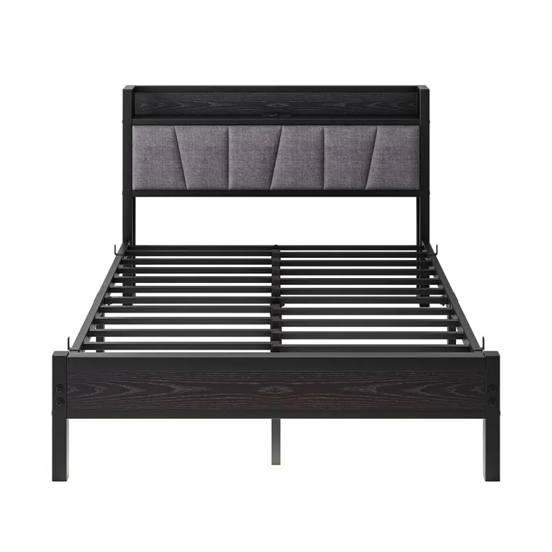 Cama 140x190cm - Marco con luces LED, cabecera con USB, láminas metálicas, fácil montaje - Negro