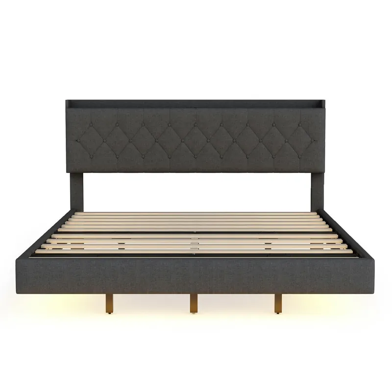 Cama acolchada de lino 160x200 cm - con puerto de carga USB y LED - con somier - Gris