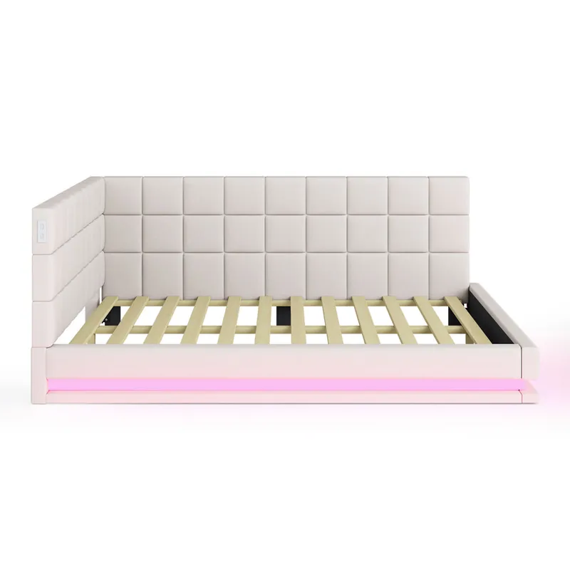 Sofá cama tapizado en terciopelo 140x200cm - con LED y toma USB - Beige