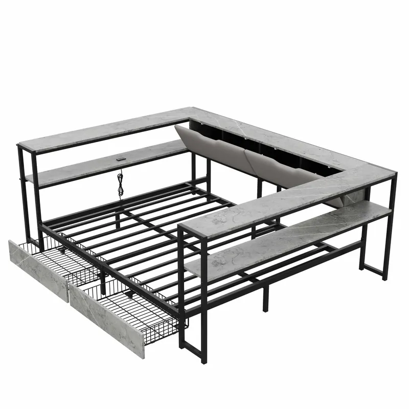 Sofá cama tapizado 140x200 - estación de carga USB y Type-C, 2 cajones, somier de láminas metálico, cama juvenil/daybed - gris
