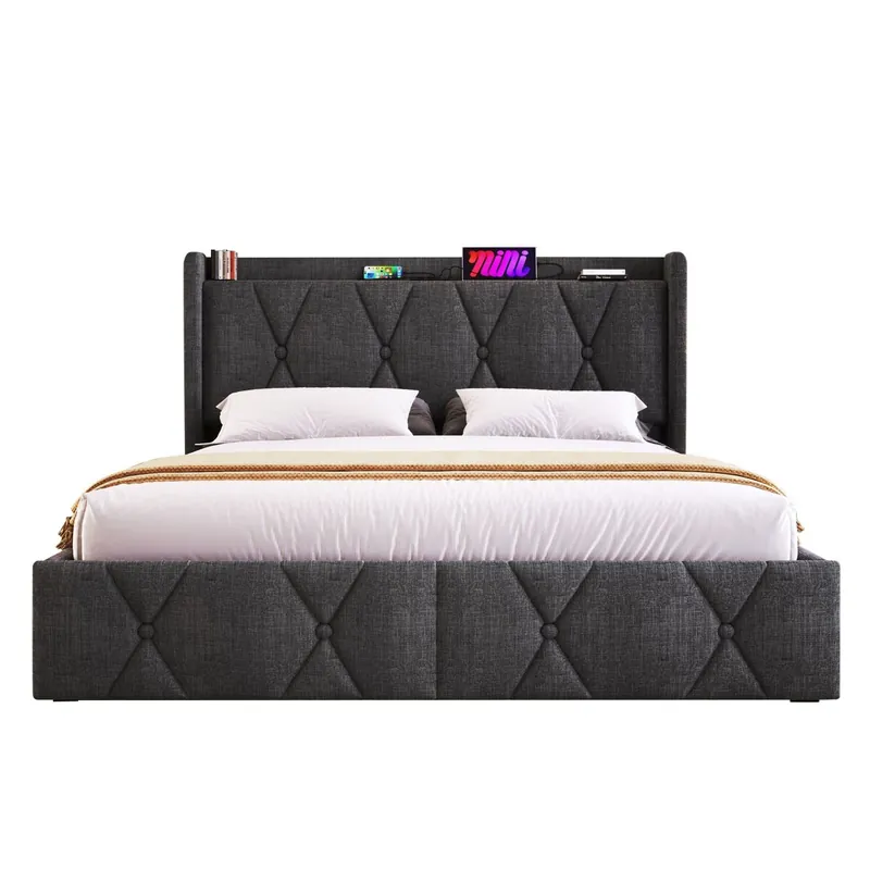 Cama acolchada de lino 140x200cm - con 4 cajones y puertos de carga USB - Gris (colchón no incluido)