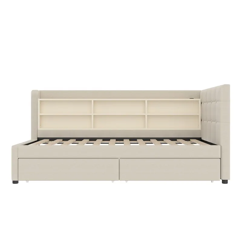 Sofá cama 90x200 cm - con 2 cajones, USB + Tipo C, compartimentos, con somier - Beige