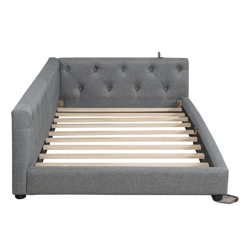 Sofá cama 90x200 cm - con somier, sin colchón, iluminación ambiental con mando, cabecero capitoné, USB+Tipo-C, lino - beige