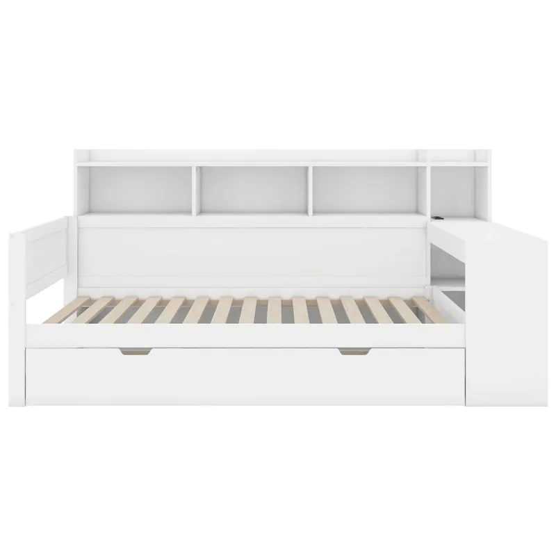 Sofá cama 90x200 cm - escritorio con toma USB - 2 cajones y estantes - Blanco (colchón no incluido)