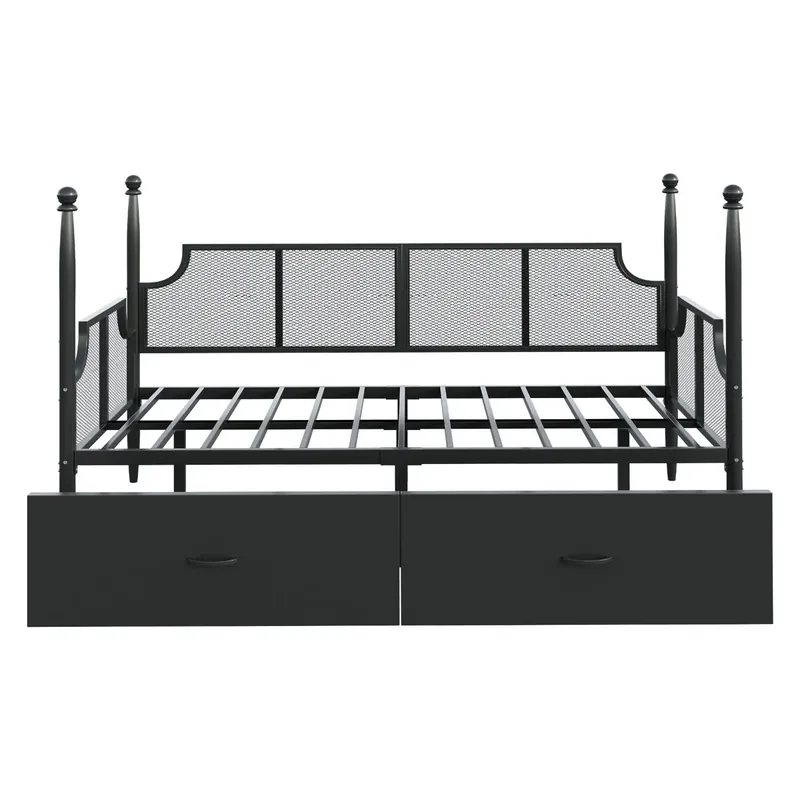 Sofá cama 90x200 - Respaldo de malla, brazos estilo vintage, estructura metálica con compartimentos - Blanco